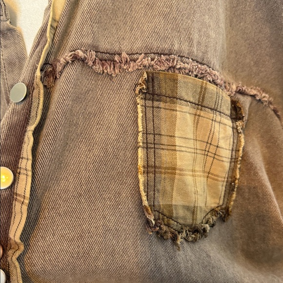 POL Plaid Patchwork Button-Up Jacket Size S Oversized Boho Slouchy Raw Hem - Picture 6 of 13